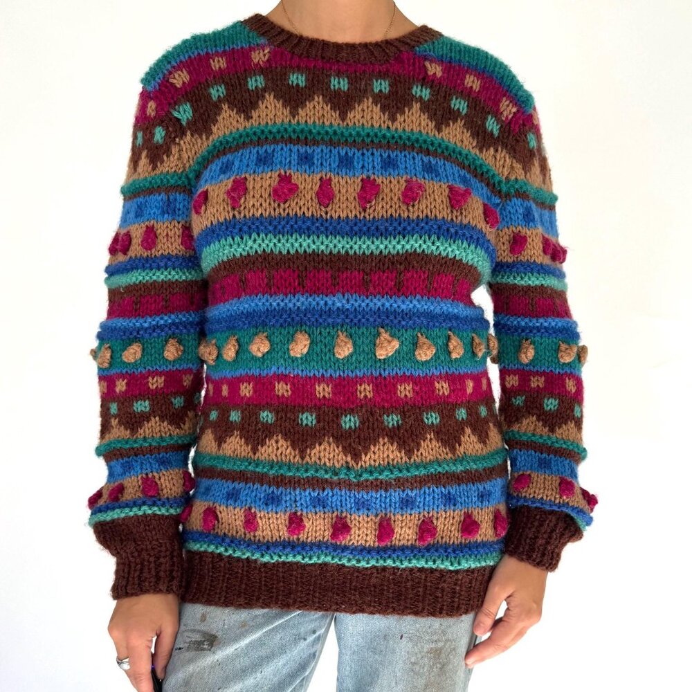 90s vintage multicolor striped polka dot pom poms textured chunky knit sweater